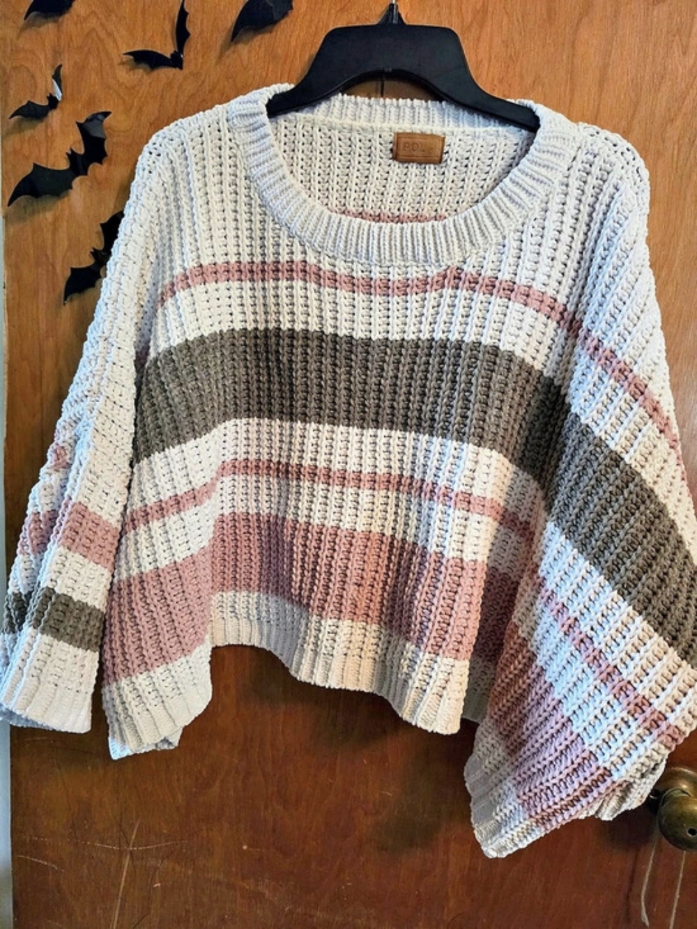 POL Striped Knit Crewneck Sweater Pink & Gray